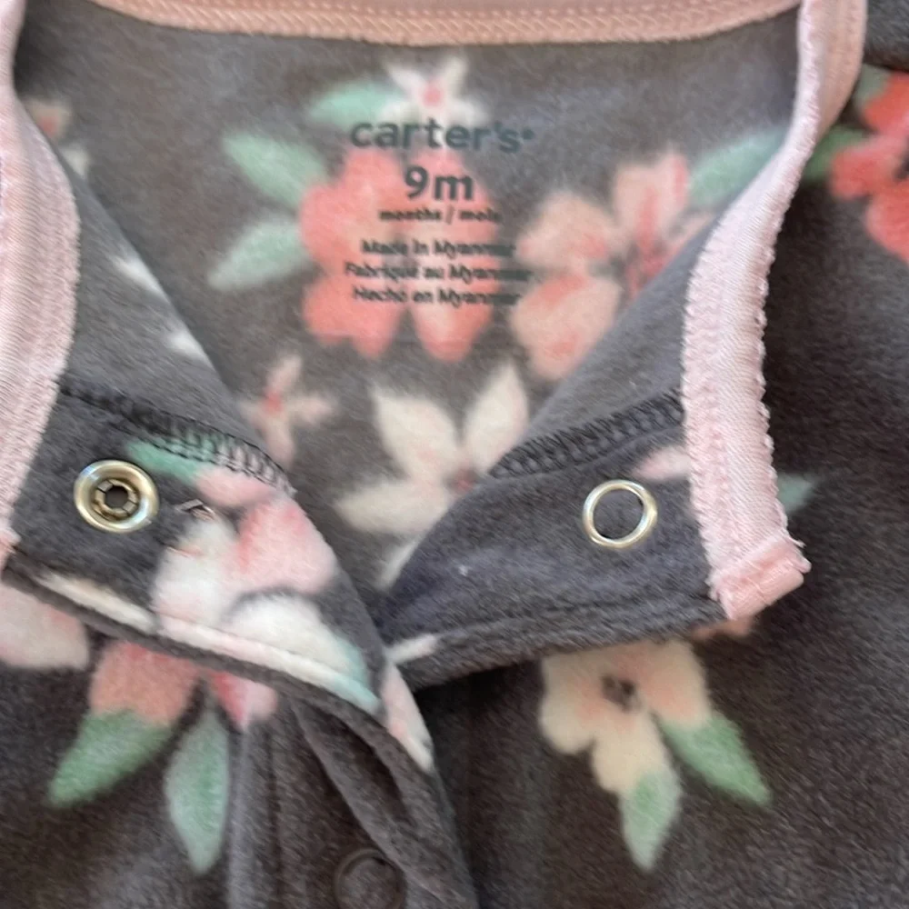 Carter's Baby Cozy Pajamas, Dark Grey with Pink & Coral Flower Print, Sz 9 Month